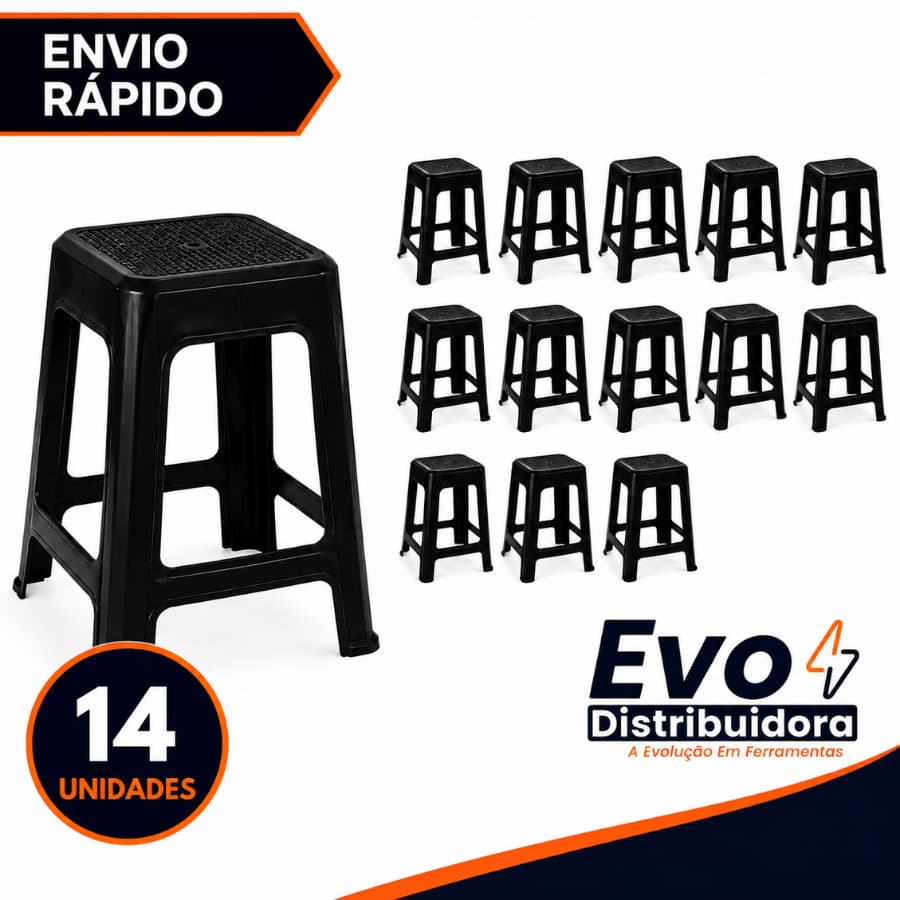 Kit 14 Unidades Banqueta Preta De Plástico Resistente Reforçada Adulto Suporta Até 120kg