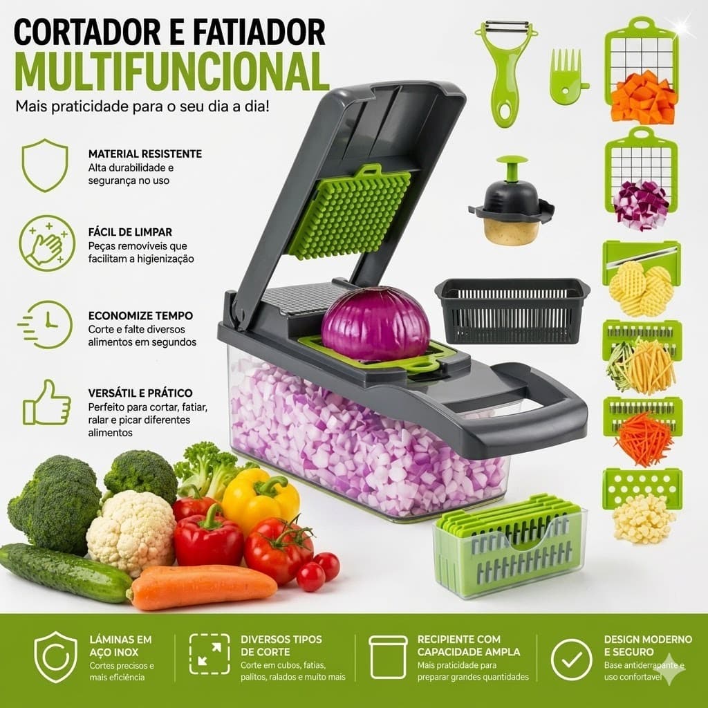 Fatiador e cortador de legumes e verdurads 16 em 1 com laminas multiuso professional aço inox