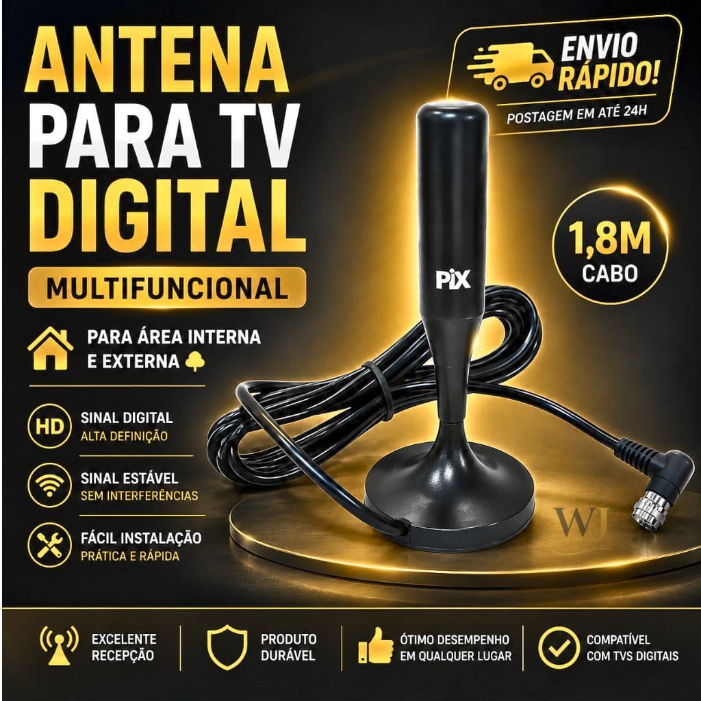 Antena de TV Digital Interna Externa Cabo 1,8M UHF HDTV 4K Base Magnética Universal PIX SC-T606A