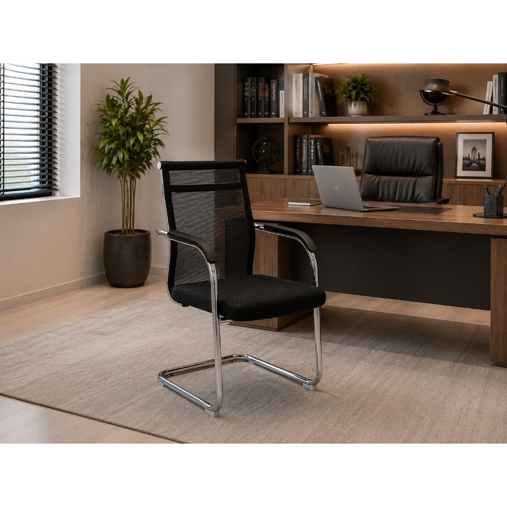 Cadeira de Escritório Home Office Diretor Londres Tela Mesh Fixa Interlocutor Preta Recepção
