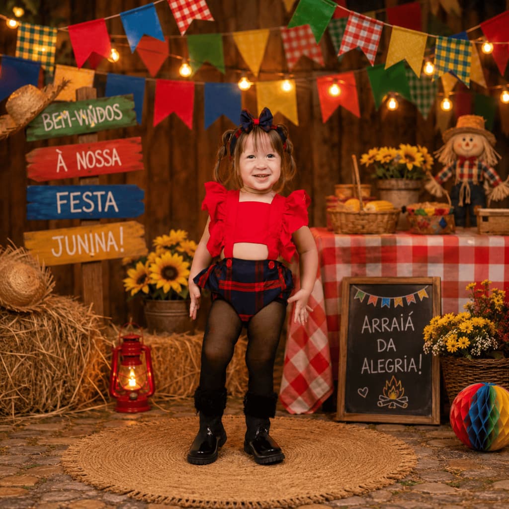 Macaquito Infantil Festa Junina | Menina Xadrez com Babados e Tiara Conjunto Completo