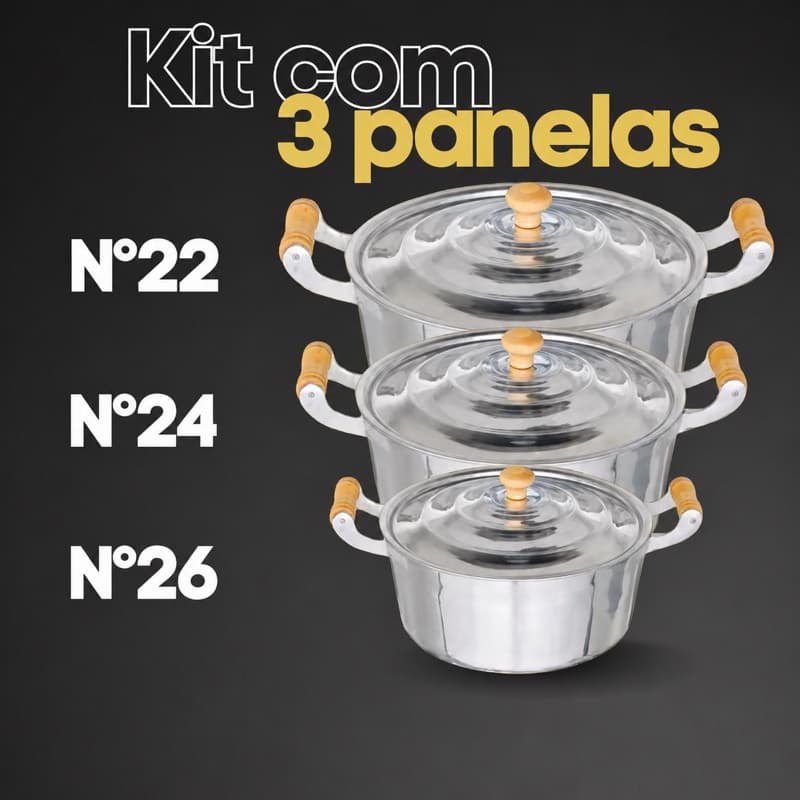 Jogo de panelas grande 3 peças 22/26 em alumínio batido grosso ideal para o dia a dia de casa
