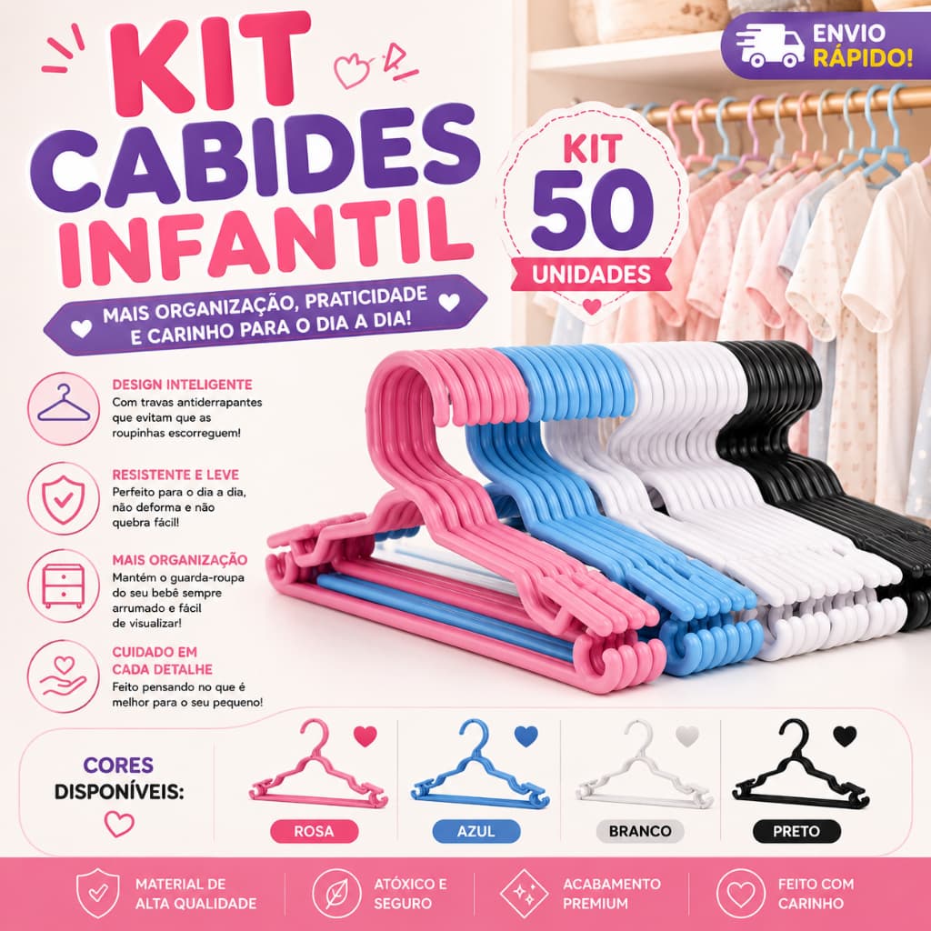 Kit de 50 Cabides Infantil Bebê Juvenil Reforçados Coloridos Organização de Roupas - Escolha as Cores