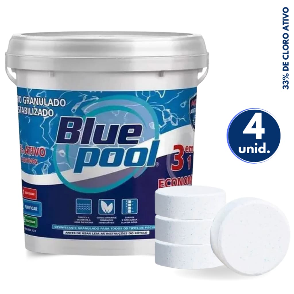 Cloro para Piscina Bluepool Balde 10Kg By Fluidra 3 em 1 + 04 Tablete de Cloro 200g Astral Pool