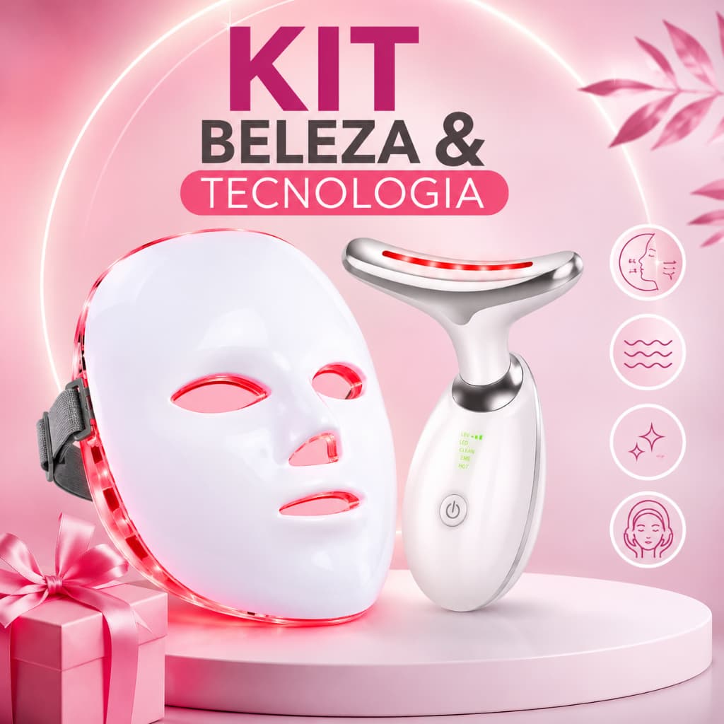 Kit Máscara Facial LED 7 Cores Fototerapia Rejuvenescimento + Massageador Facial EMS Anti Rugas
