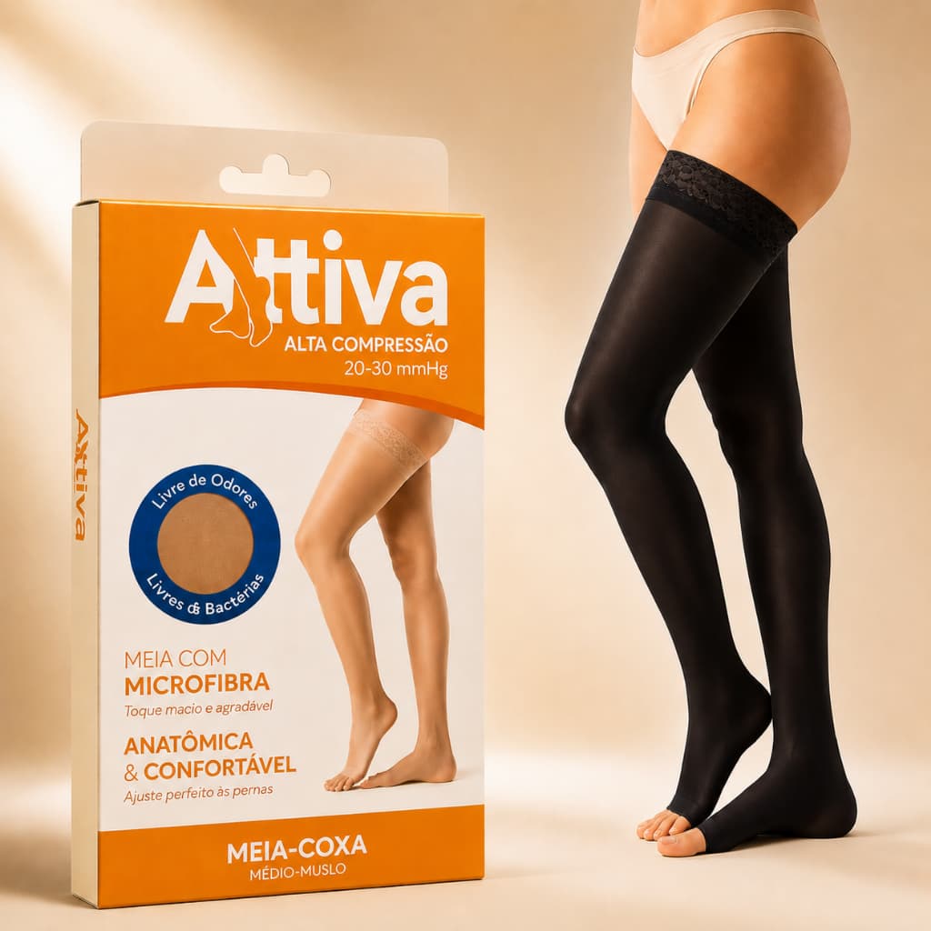 Meia Coxa 7/8 Attiva Alta Compressão 20-30mmHg Cor preta Ponteira Aberta