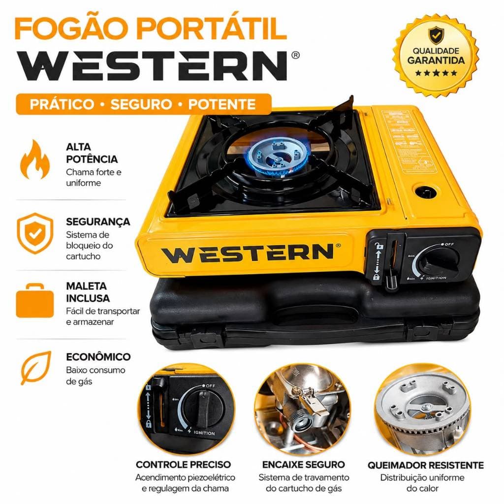 Fogareiro Fogão Portátil a Gás Butano Com Maleta Chama Regulável Camping Western Guepardo