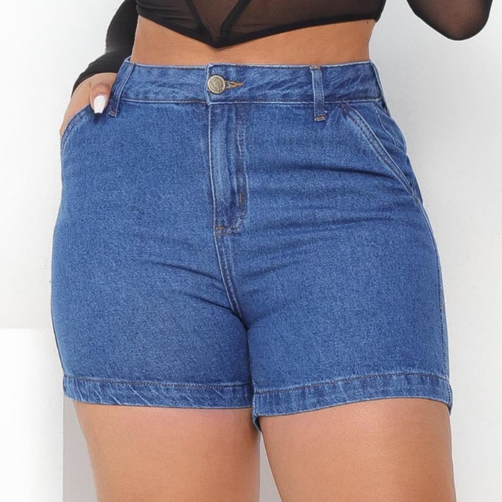 Short Mom Jeans Cintura Alta Feminino Bolsos Faca Funcionais Modelagem Confort Premium