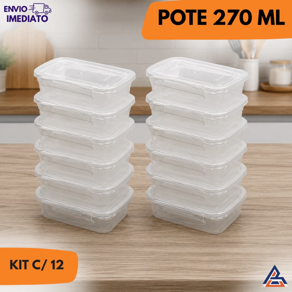 Kit 12 Potes 270ml com Travas Pote Pequeno para Marmita, Geladeira e Micro-ondas