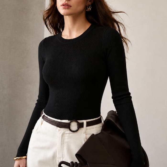 Blusa Manga Longa Ribana Com Gola Redonda Moda Feminina Casual Uso Diario Basica Ribana Estampa Lisa
