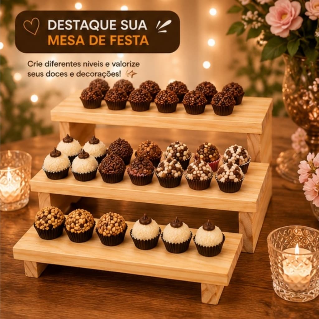 Trio Porta Doces Escada Pra Decoração de Mesa de Festa Suporte Expositor de Brigadeiro Salgados Centro De Mesa