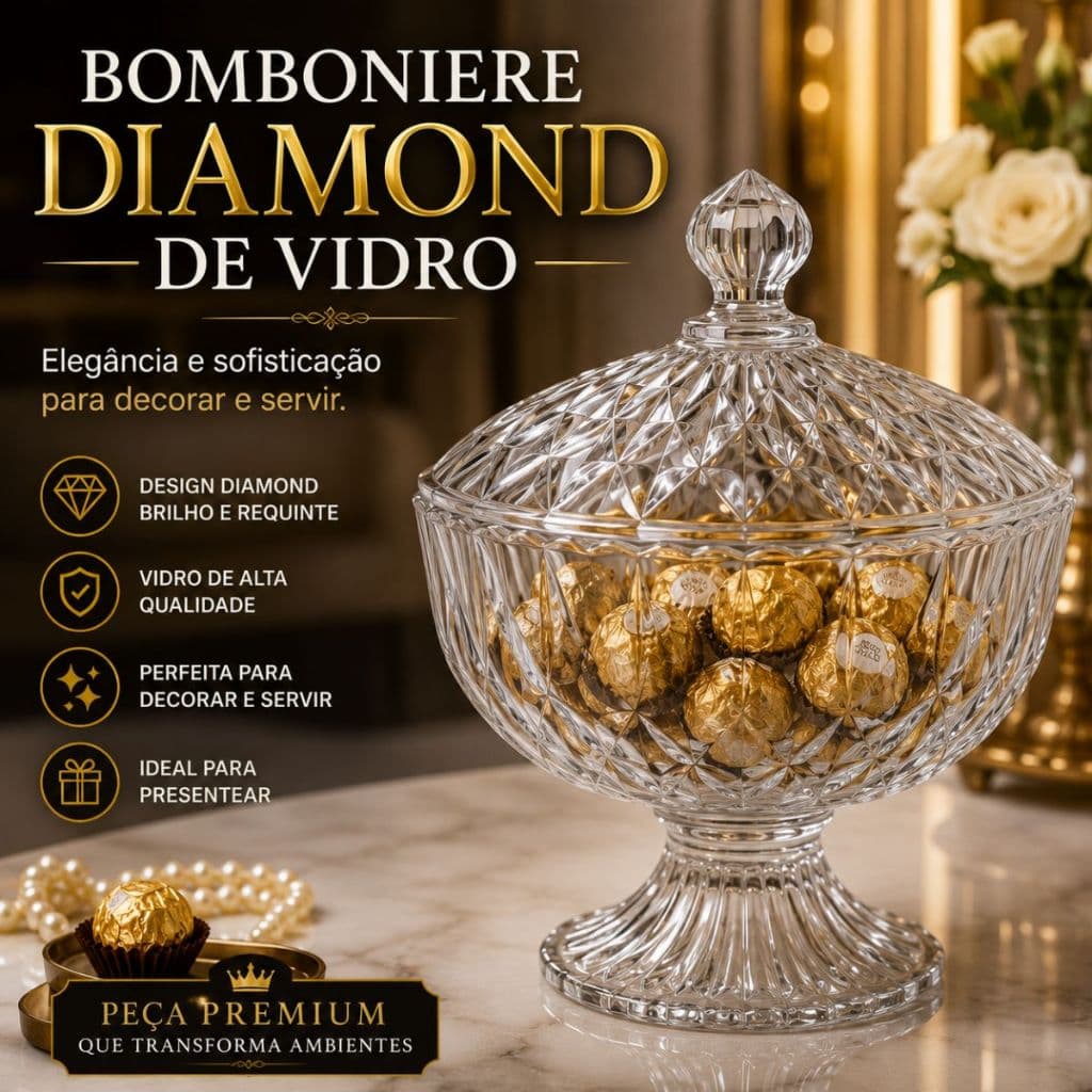 Bomboniere Diamond Vidro Com Tampa Porta Bombom Cristal Decorativa Luxo Elegante 19,5cm Top Premium.