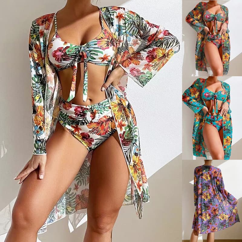 Biquíni Feminino 3 Peças com Top Bojo Ajustável Estampa Floral e Amarração Conforto para Praia