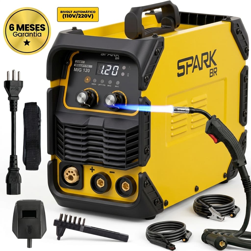Máquina de Solda Profissional Inversora 120A MIG MMA TIG Lift 3 em 1 Bivolt Sem Gás Spark BR AMG-W02