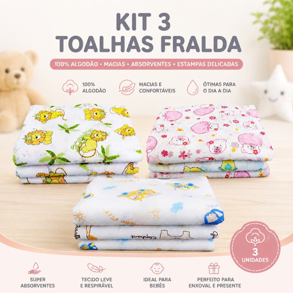 Kit Toalha Fralda 100% Algodão 3 Unidades