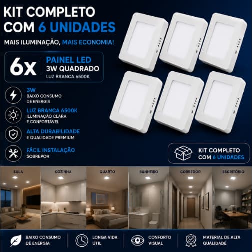 Kit 6 Peças Painel Plafon  Sofisticado Led 3w Quadrado para  Embutir