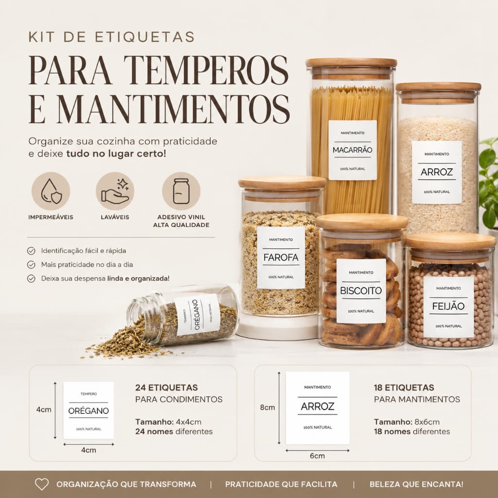 kit Etiquetas Adesivas Vinil Para Potes De Temperos e mantimentos 42 unidades