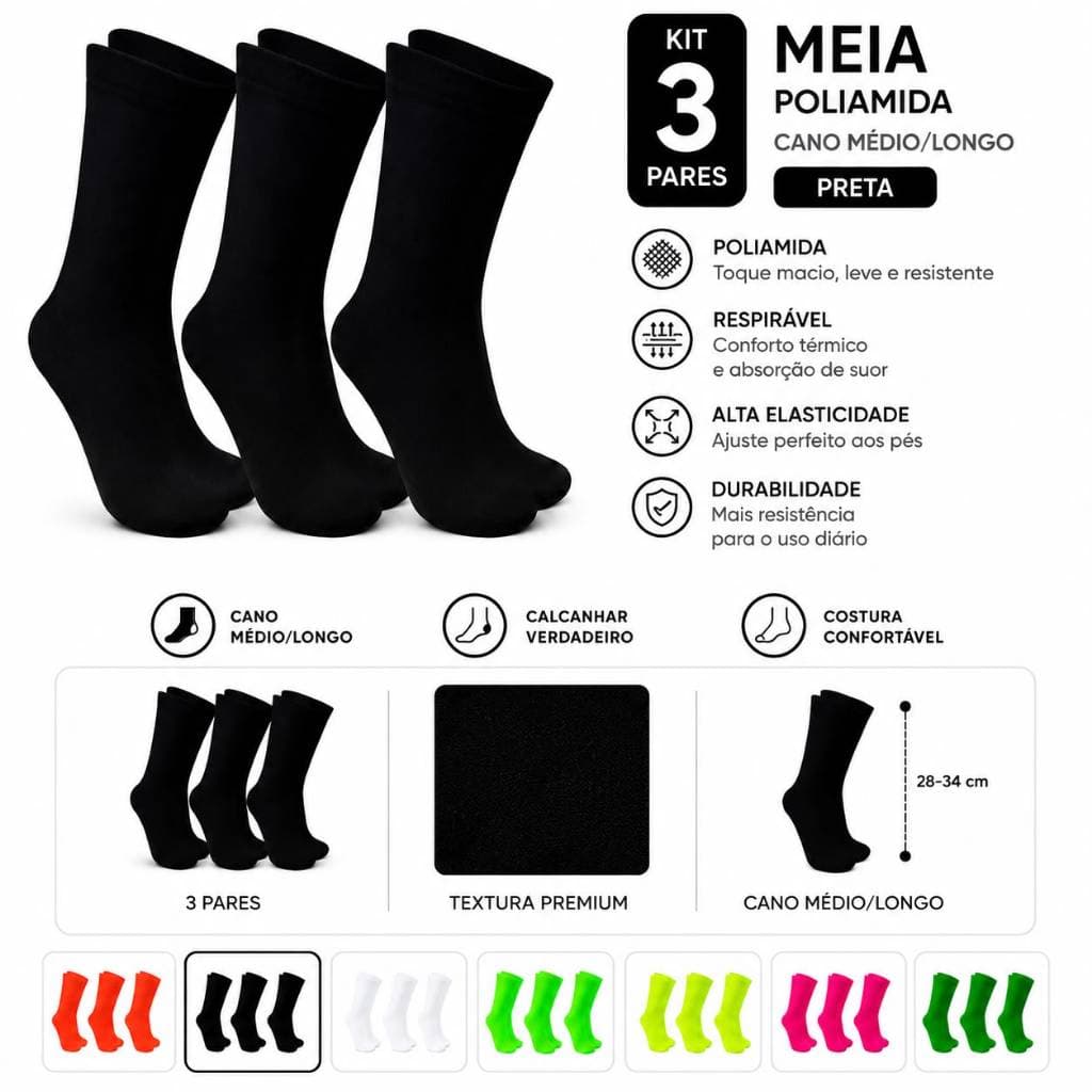 Kit 3 Pares Meia Poliamida Corrida Academia Cross Esportes Treino Perfomance Casagrande Meias