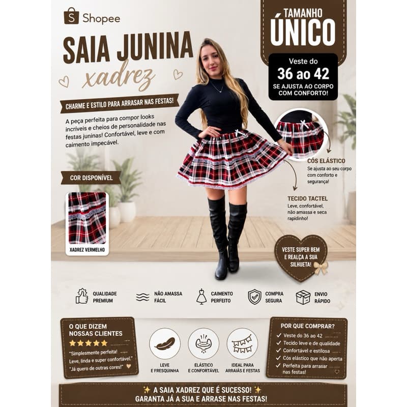 Saia Junina Xadrez Feminina Tactel Rodada Curta Com Renda Festa Junina São João Tam Único 36 ao 42