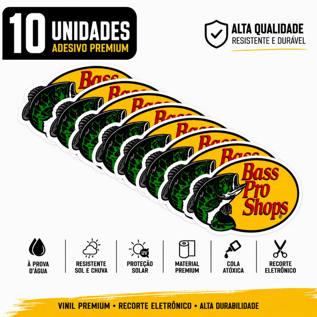 Kit 10 Adesivos Bass Pro Shops Premium Vinil Laminado Pesca Camping