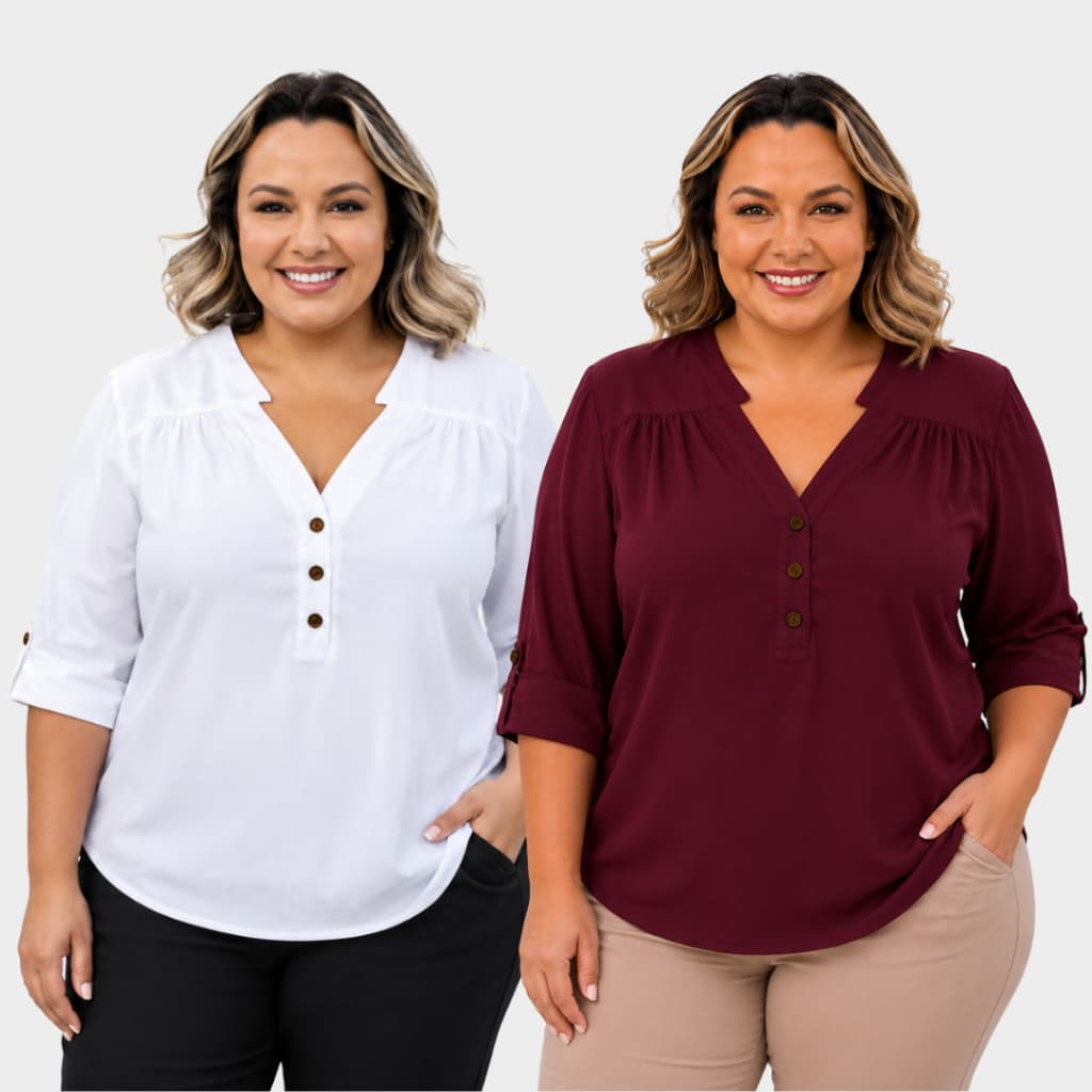 Kit 2 Camisa Plus Size Social Feminina Soltinha Peitilho Manga 3/4