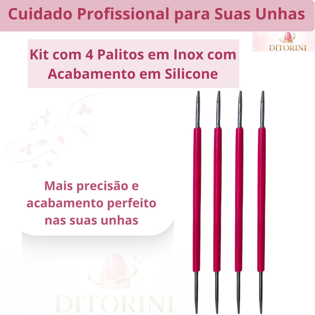Kit 4 Palitos para Unhas em Aço Inox com Silicone Manicure Pedicure Autoclavável