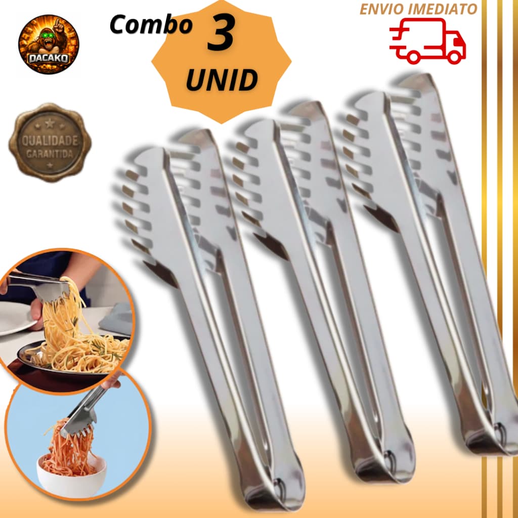 Combo Pegador de Massa Inox Cozinha Espaguete Macarrão Salada Utensílio Culinário Gourmet Resistente