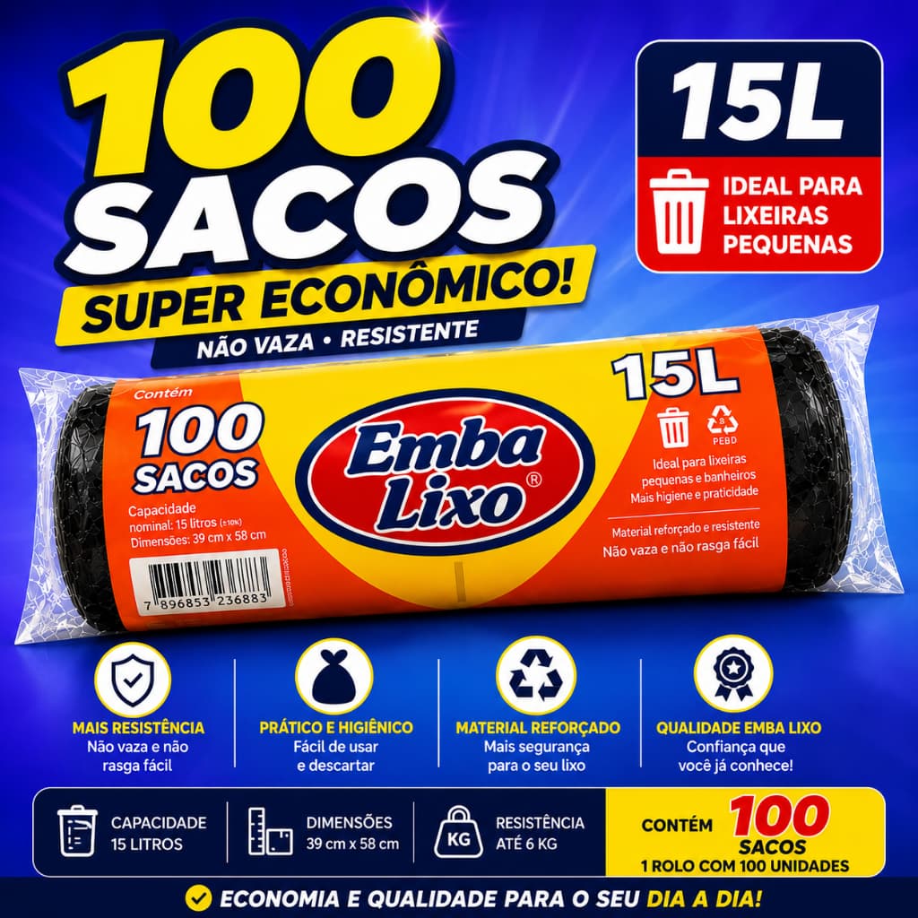 Saco De Lixo Preto De 15L Embalixo 100 Unidades Não Vasa Ideal Para Lixeiras Coisas Leves Pia Banheiro