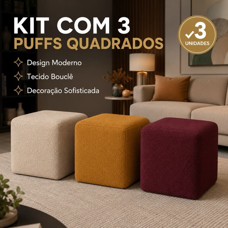 Kit 3 Puffs Quadrados Bouclê Decorativos Modernos 40x40 Sala Quarto Closet