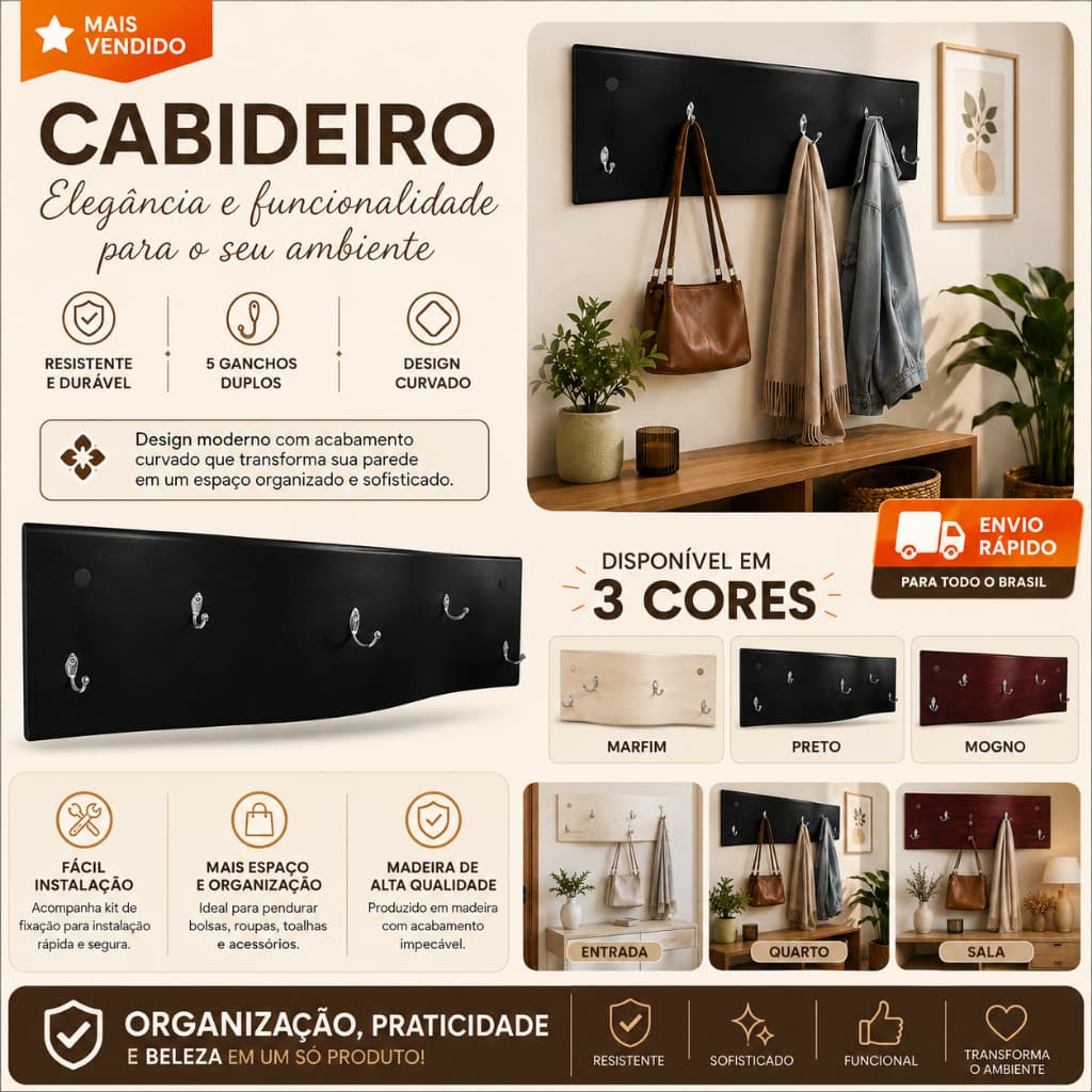 Cabideiro de Parede Barato com Ganchos de Metal Reforçado Vintage Especial Resistente