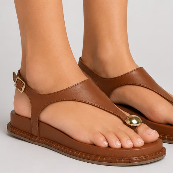 Sandália Feminina Via Marte Rasteira Original Esfera Dourada Casual Ajustável Palmilha Anatômica