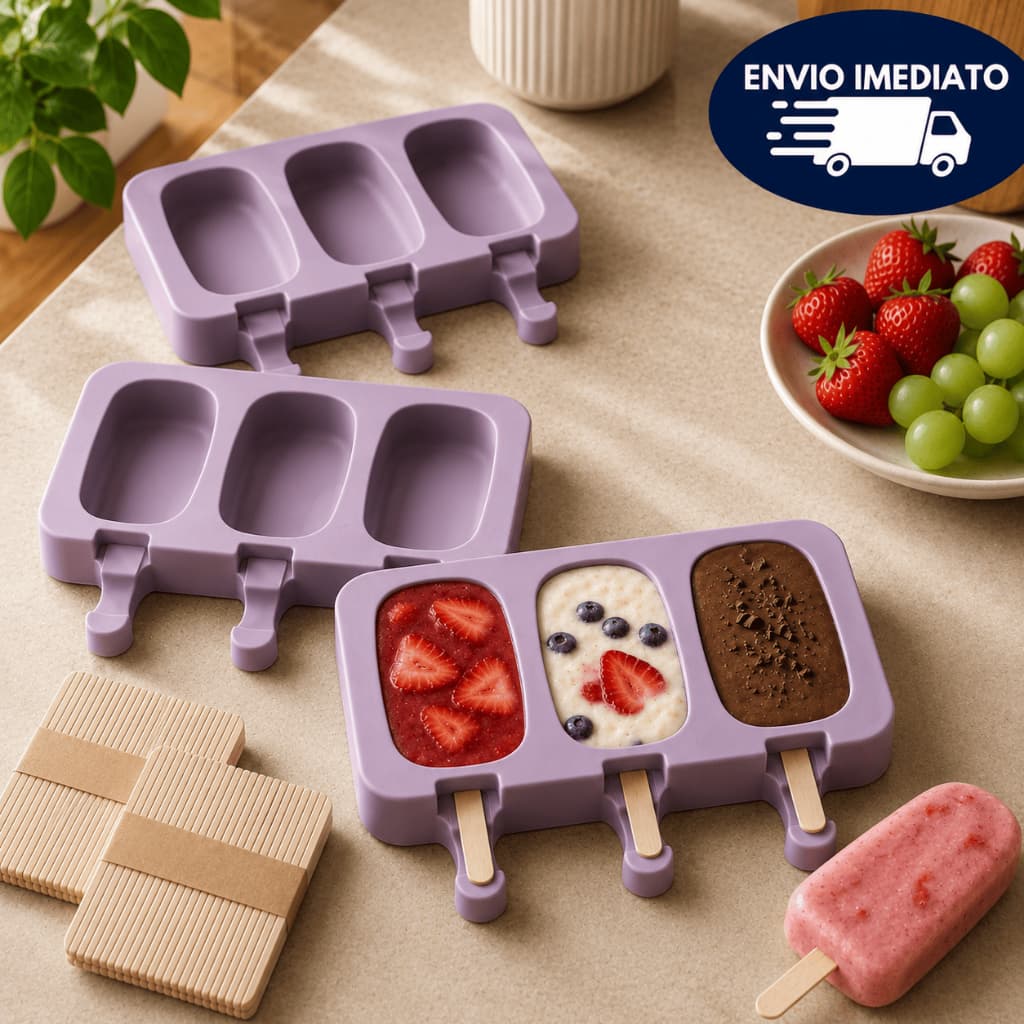 Kit 5 Moldes de Picolé em Silicone com Tampa Formas 250 Palitos para Sorvete Sobremesas Caseiras