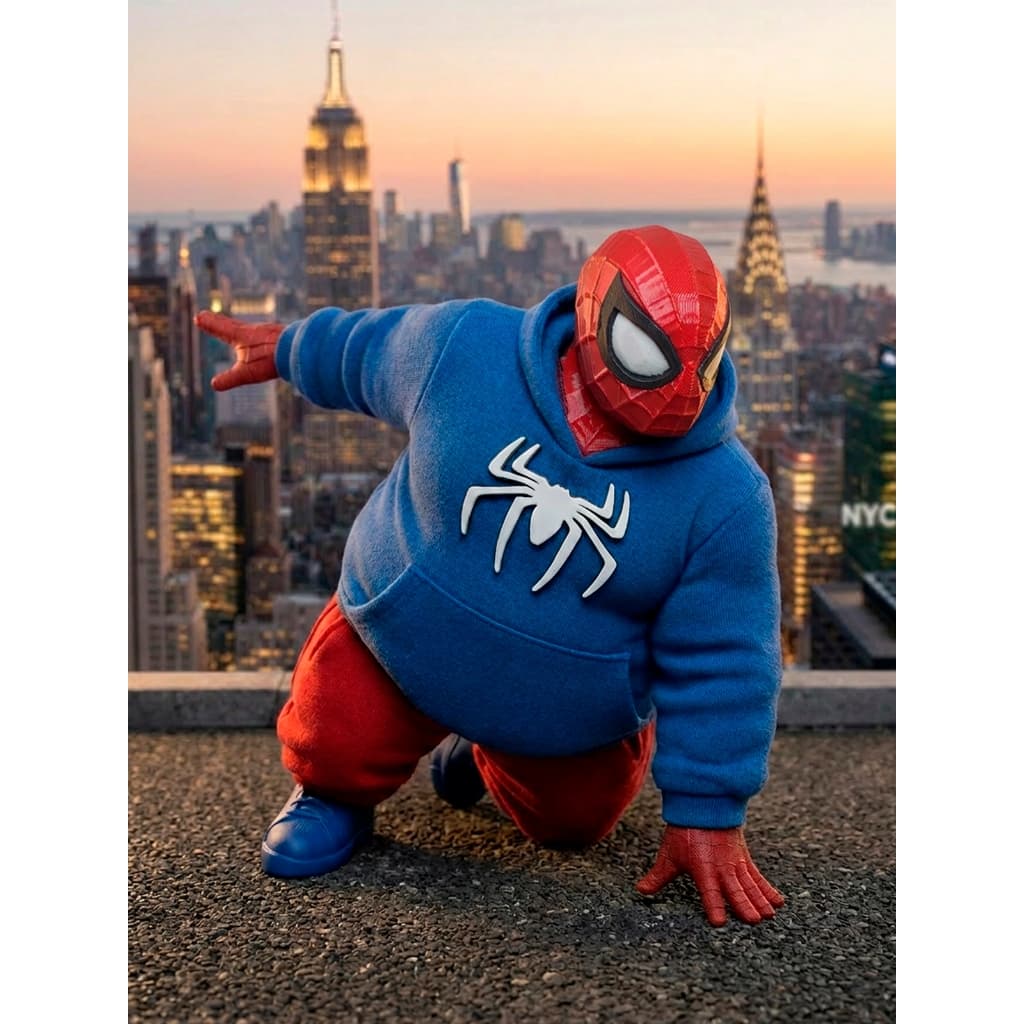 Spider Man Aposentado Gordo Homem Aranha Estatua Decoracao Geek Gamer Nerd Super Heroi Azul e Vermelho