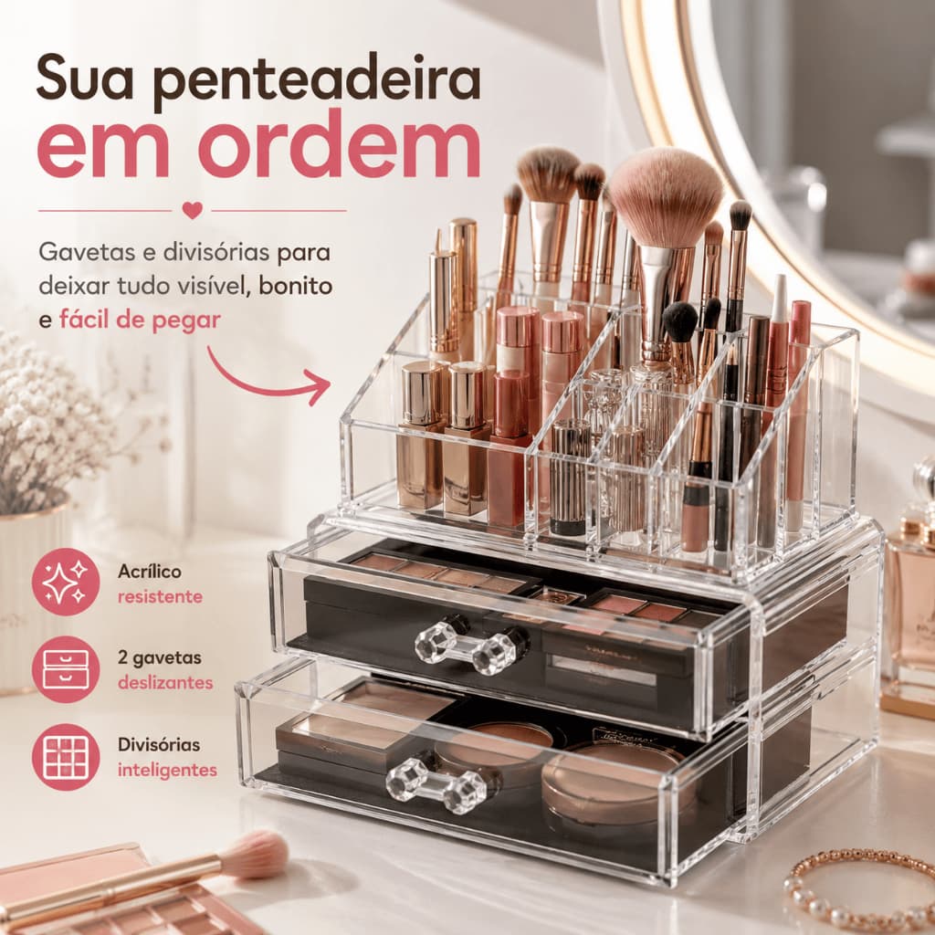 Organizador de Maquiagem Acrílico Transparente com Gaveta e Porta-Pincéis • Caixa Compacta e Portátil