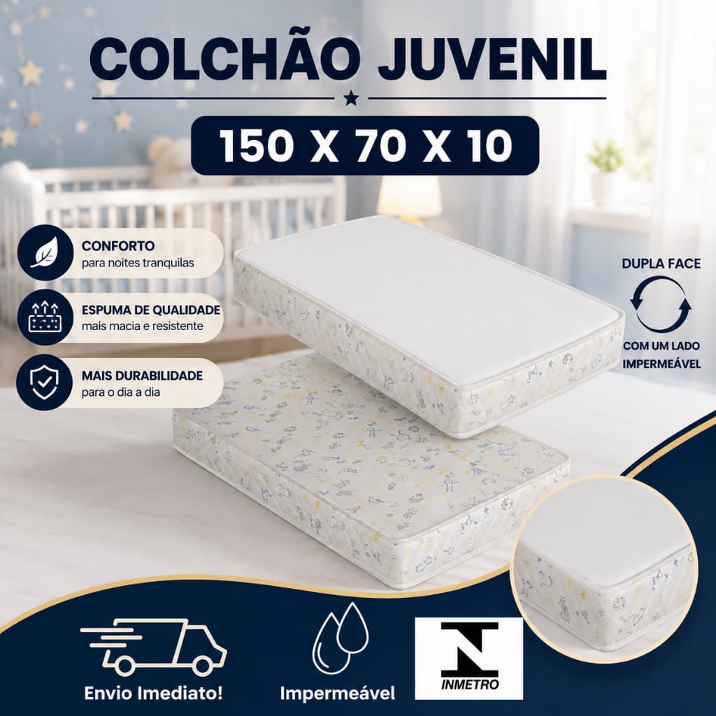 Colchão Baby 150 x 70 x 10 impermeável para Cama Infantil Espuma D18 Conforto e Durabilidade - Envio Imediato