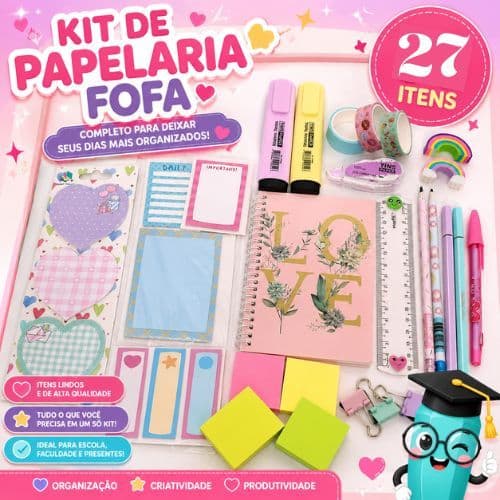 Kit Papelaria Fofa 27 Itens Completo Kawaii Escolar Caderno Canetas Post-it Washi Tape Presente Feminino