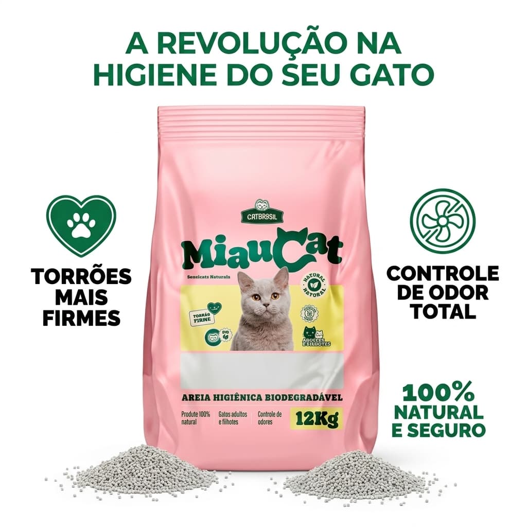 Areia Higiênica Sanitária Biodegradável Miau Cat 12kg Torrão Firme Elimina Odores Natural