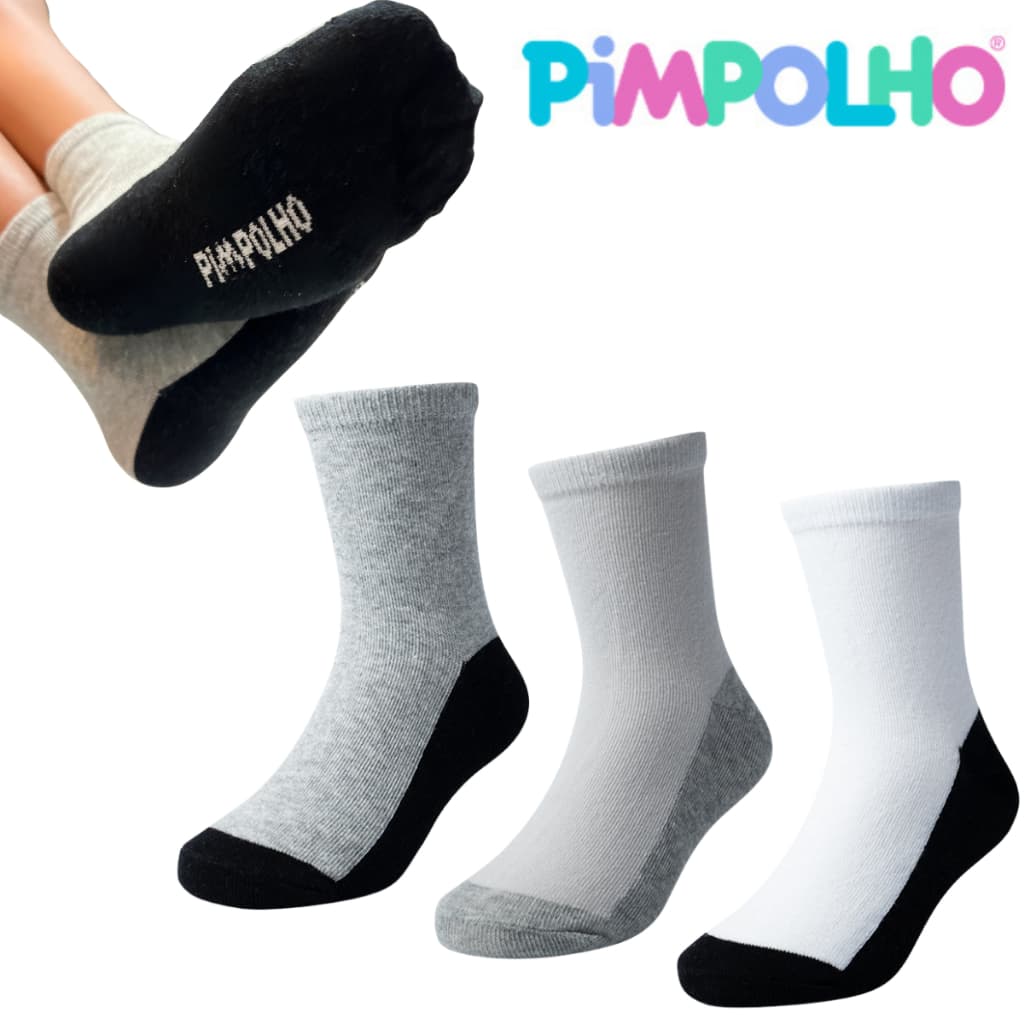 Kit Meia Pimpolho Menino Menina Tamanho 26-30, Kit com 3 Pares de Meias Escolar Base Escura Algodão