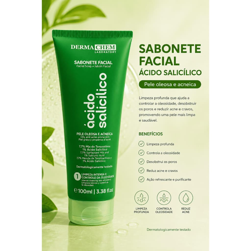 Sabonete Ácido Salicílico Controle Oleosidade Cravos Poros Acneica Sálvia Dermachem 100ml