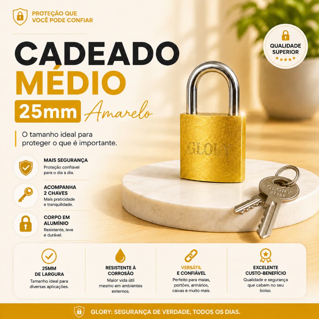 Cadeado Médio 25mm Amarelo