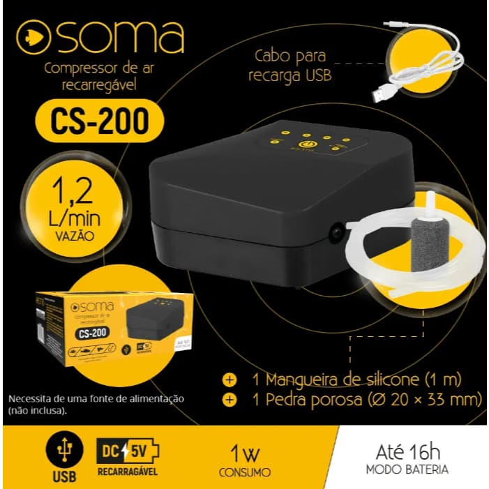 Compressor De Ar Bateria Recaregável Cs-200 Aquários Pesca