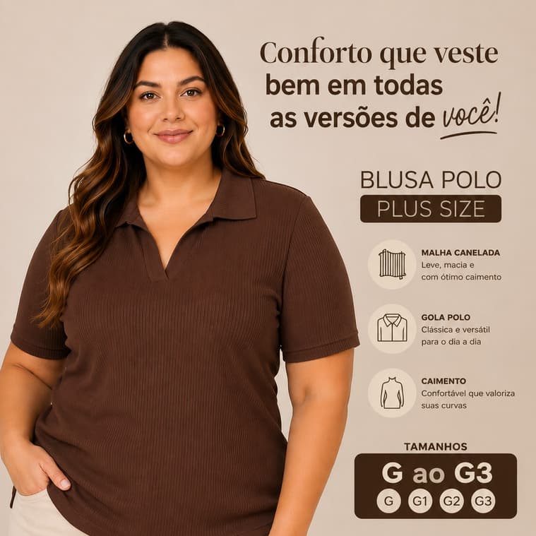 Blusa Feminina Plus Size Gola Polo Malha Canelada Confortável Casual G ao G3