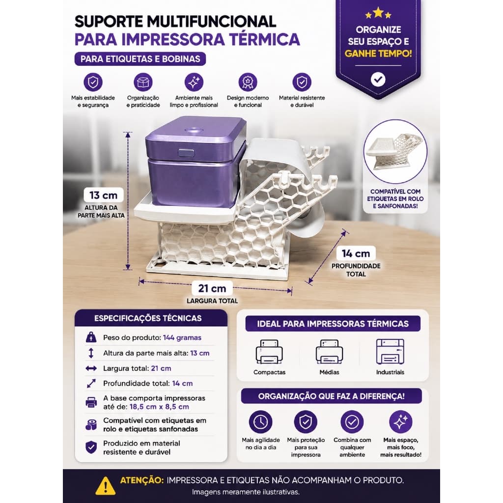 Suporte Multifuncional para Impressora Térmica Porta Bobina e Etiquetas Sanfonadas Branco