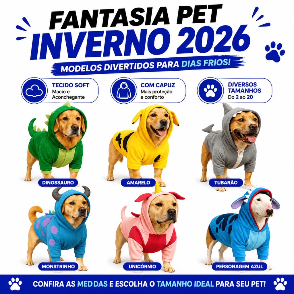 Roupa Pet Inverno Soft com Capuz Stitch Dino Pikachu