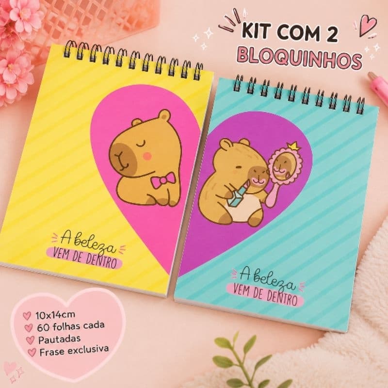 Kit Papelaria Fofa Capivara | 2 Bloquinhos 10x14cm com 60 Folhas Cada