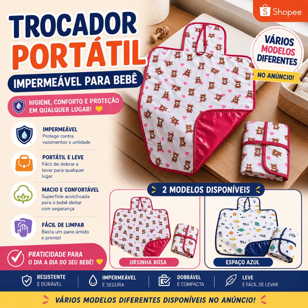 Trocador portátil impermeável 80 x 45 cm várias estampas dupla face dobrável lavável envio em 24h