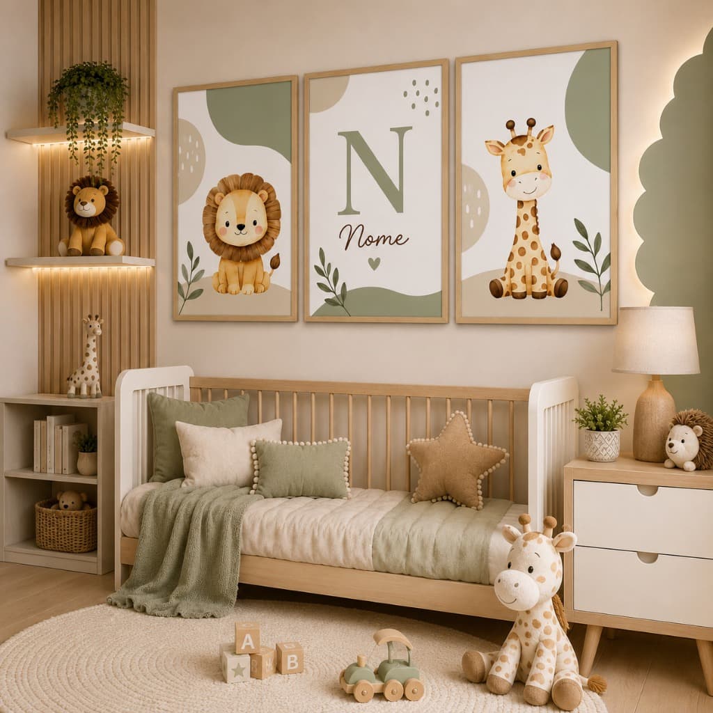 Kit 3 Quadros Decorativos Safari Escandinavo Personalizado com Nome