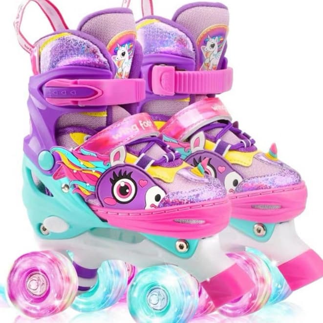 Patins Infantil 4 Rodas Unicórnio Lilás com Rodinhas Brilhantes e Freios Frontais tamanhos ajustaveiss