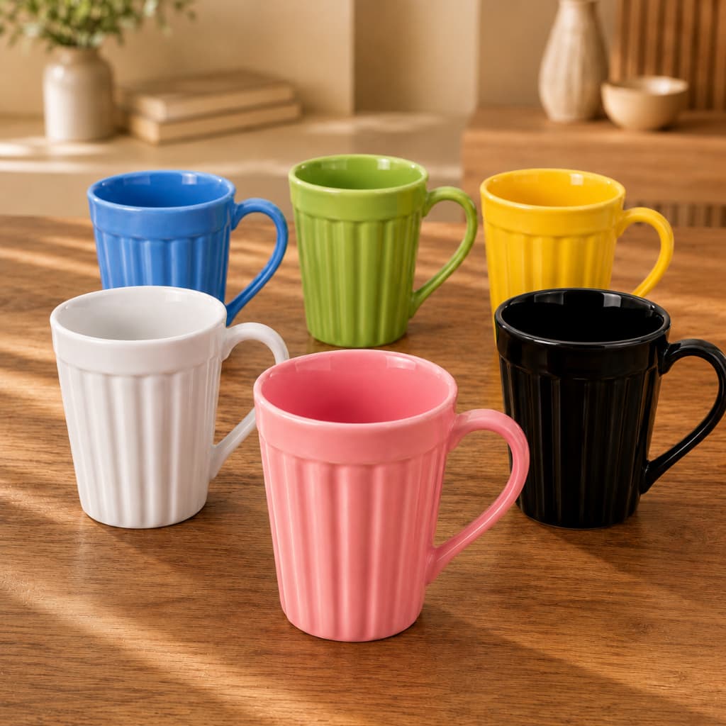 Kit 6 Canecas Porcelana Canelada 200ml Coloridas Café Chá Xícara Mesa Posta