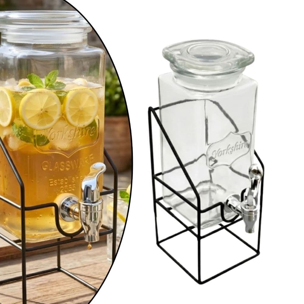 Dispenser Bebidas feita em Vidro c/ Torneira + Suporte de Metal - Suqueira Elegante p/ Água ou Drinks